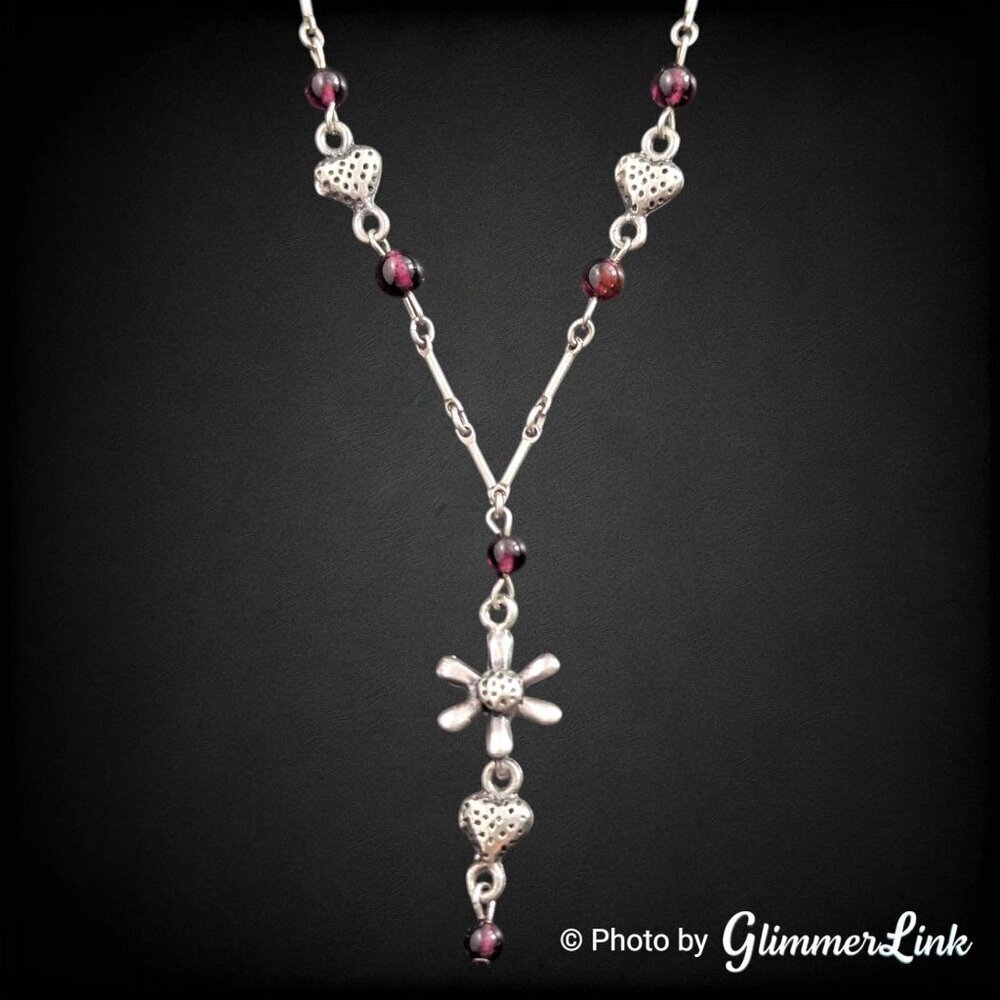 Sterling Silver Y Necklace with Garnet Beads Hearts & Flower Drop